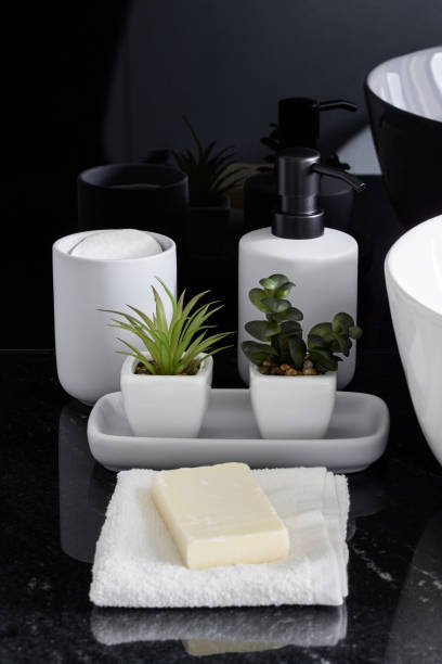 Close-up on stylish bathroom decorations
