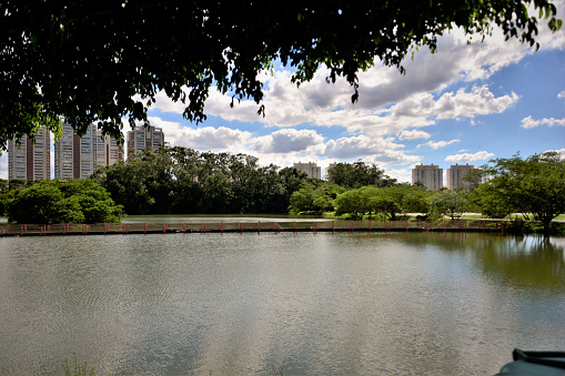 View of the wooden bridge in the middle of the lake of the Centennial Park of Mogi das Cruzes
