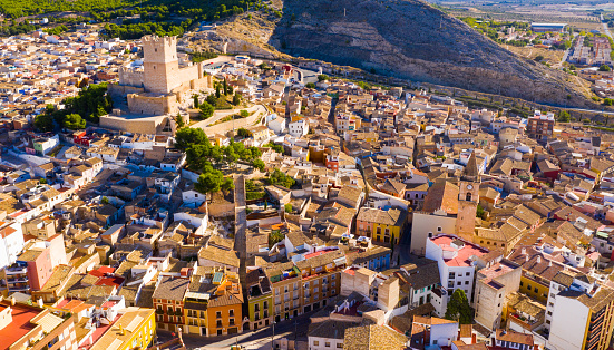 Aerial view of Villena cityscape with ancient fortified Atalaya castle, Alicante, Spain