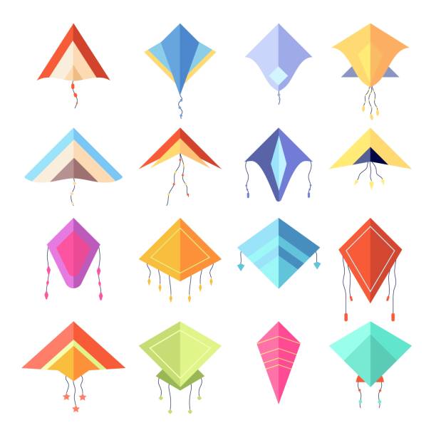 ilustrações de stock, clip art, desenhos animados e ícones de color kite. geometric forms rhombus, cartoon flying bright toys. isolated kids summer game, festival equipment with ribbons utter vector set - paper wind form shape