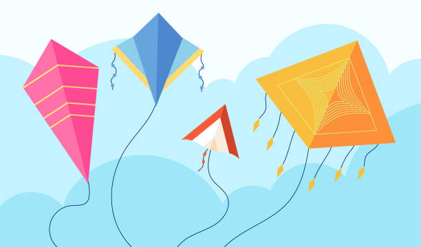 ilustrações de stock, clip art, desenhos animados e ícones de kites in sky. fun fly kite, child toy flying wind. kiting, makar sankranti pongal festival concept. summer activity utter vector background - paper wind form shape