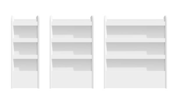 istock Shelves mockup. Isolated store rack, 3d blank supermarket displays. Realistic presentation stands, white product showcase recent vector set 1295885657