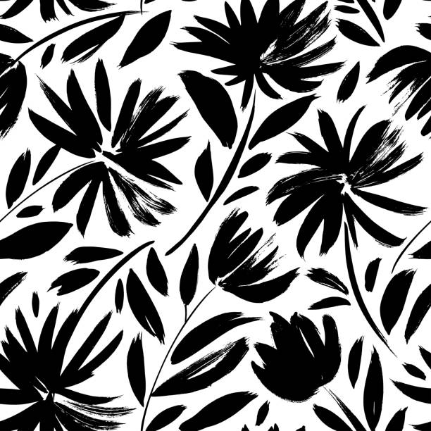 Black aster vector seamless pattern. Black aster vector seamless pattern. Hand drawn silhouettes of spring chrysanthemum flowers. Dry brush style floral motives. Black paint illustration with branches and leaves. Monochrome print pen and ink stock illustrations