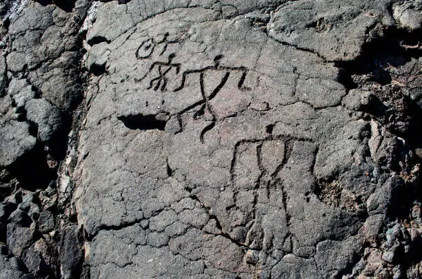 Hawaiian Petroglyphs along King’s Trail in Waikoloa, Hawaii; Big Island, Hawaii; Hilton Waikoloa Resort area