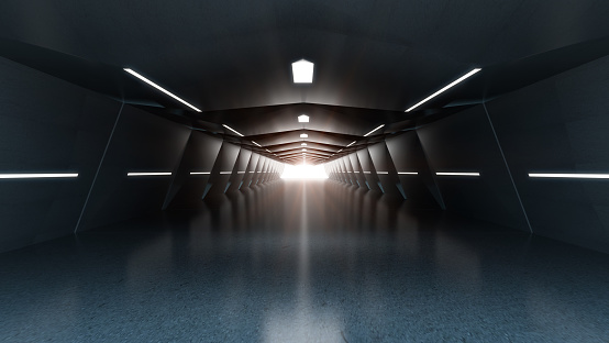 Futuristic tunnel,Grunge Dark Reflections Concrete,3D rendering