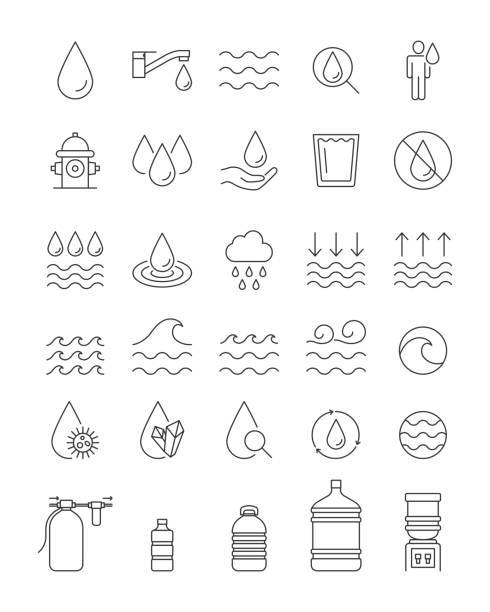 illustrazioni stock, clip art, cartoni animati e icone di tendenza di set di icone della linea dell'acqua, tratto modificabile - mare immagine