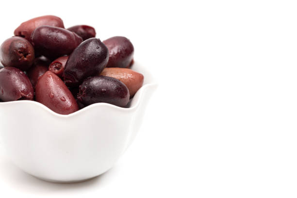 Purple Colored Kalamata Olives Isolated on a White Background