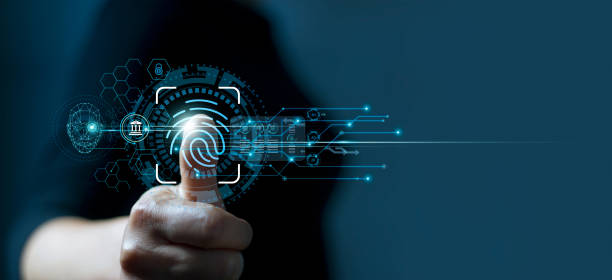 businessman using fingerprint indentification to access personal financial data. idea for e-kyc (electronic know your customer), biometrics security, innovation technology against digital cyber crime - fingerprint scanner imagens e fotografias de stock