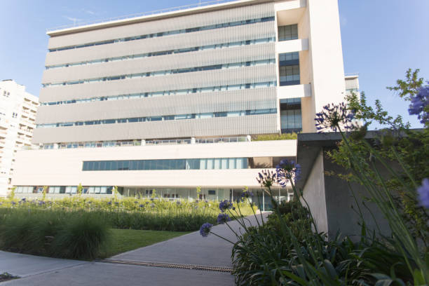 istock Empty hospital main building facade view from inner garden - Covid-19 Concepts 1295898606