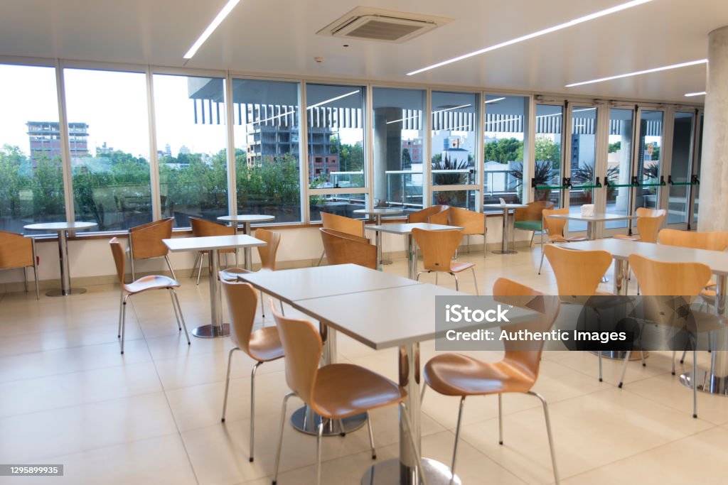 Empty hospital cafeteria - Covid-19 Concepts Cafeteria Stock Photo