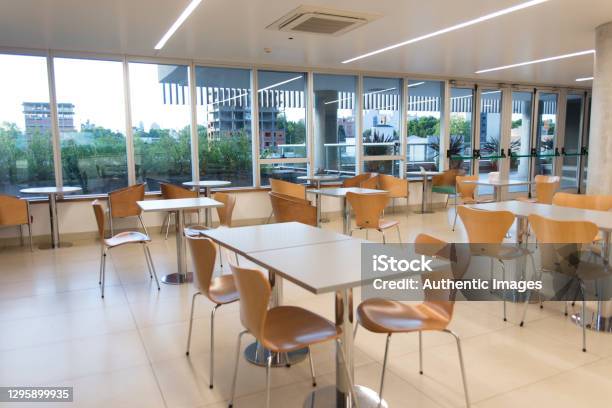 Empty Hospital Cafeteria Covid19 Concepts Stock Photo - Download Image Now - Cafeteria, Hospital, No People