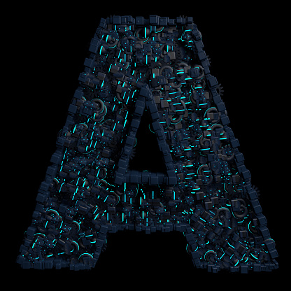 Letter A formed by metallic parts with blue light with the appearance of a futuristic machine on a black background. 3D illustration