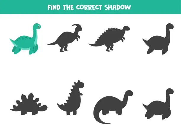 Vector illustration of Find the right shadow of cute cartoon plesiosaurus.