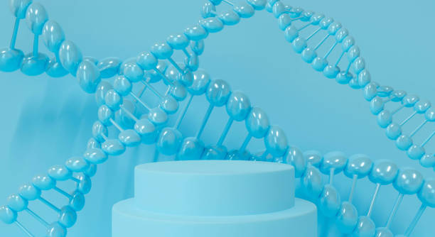 istock 3d blue podium on pastel background abstract with DNA molecule. 3d rendering design for cosmetic, display product mockup in studio. Biology science with blank white podium stage. 1295902758