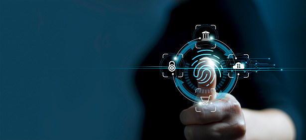 Technology safety of future and cybernetic on internet, Fingerprint scan provides access of security and identification of business, Big Data, Banking and Cloud computing.