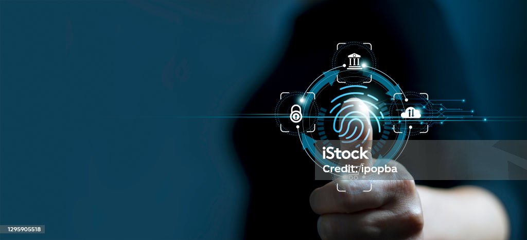 Technology safety of future and cybernetic on internet, Fingerprint scan provides access of security and identification of business, Big Data, Banking and Cloud computing. Accessibility Stock Photo