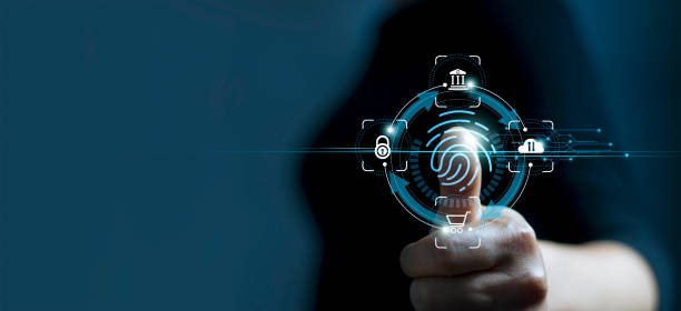 technology safety of future and cybernetic on internet, fingerprint scan provides access of security and identification of business, big data, banking and cloud computing. - fingerprint scanner imagens e fotografias de stock
