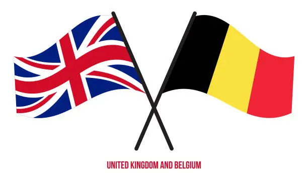 Vector illustration of United Kingdom and Belgium Flags Crossed And Waving Flat Style. Official Proportion. Correct Colors.