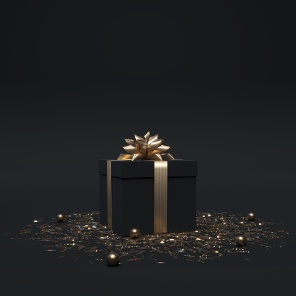 Black gift box with gold bow and ribbons on dark background with confetti. Luxury christmas present. Template banner for birthday, gift post cards, social media. 3d render. 3d illustration.