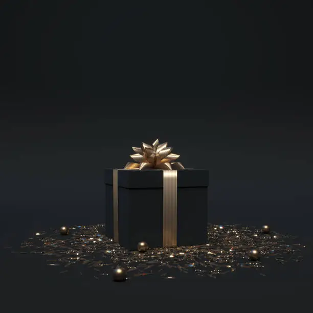 Photo of Black gift box with gold bow and ribbons on dark background with confetti. Luxury christmas present. Template banner for birthday, gift post cards, social media. 3d render. 3d illustration.