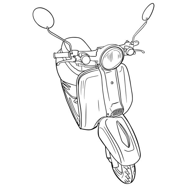 Vector outline illustration of moped, scooter isolated on white background Transport as a blank for designers, weddings, symbol, icon, sticker motorcycle drawings stock illustrations