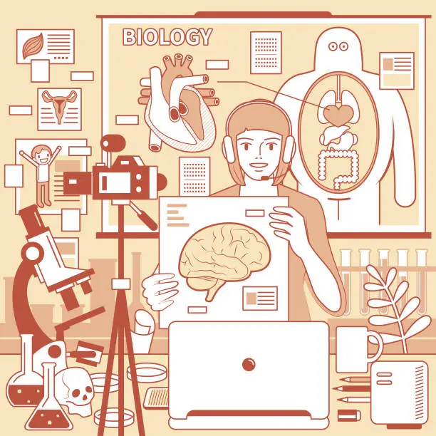 Vector illustration of Young female teacher (Scientist, Biologist) with headphones is remotely teaching biology (online anatomy class and scientific experiment) using laptop and camera and whiteboard at laboratory (classroom), e-learning and telecommuting concept