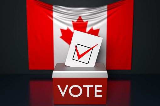 3d illustration of a ballot box or ballot box, into which a ballot bill falls from above, with the  national flag of Canada  in the background. Voting and choice concept