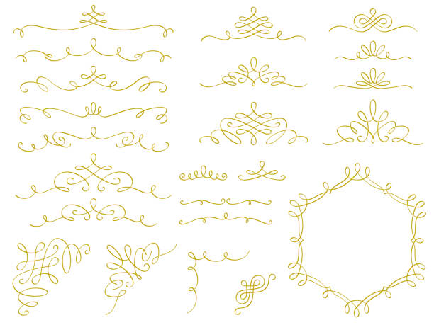 ilustraciones, imágenes clip art, dibujos animados e iconos de stock de conjunto de decoración de líneas caligráficas - line art scroll shape design element scroll