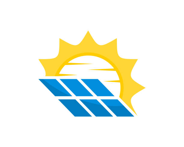 solarenergie mit sonnenstrahl-logo - photovoltaik stock-grafiken, -clipart, -cartoons und -symbole
