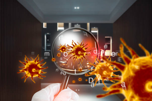 istock Coronavirus 2019.3D simulation of viruses inside the air by showing through a magnifying glass,Checking virus in luxury room. 1295914907