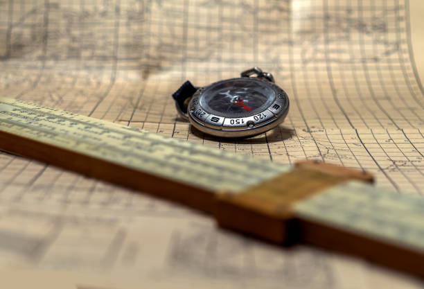 istock Vintage equipments for air navigation: pilot's slide rule, area sketch, and compass. 1295915764