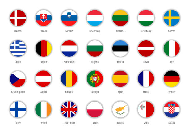 Set of vector flags of the European Union. Big Collection symbols flags. Set of vector flags of the European Union. Big Collection symbols flags. Isolated on white. Circle with the flag of the EU country. slovakia stock illustrations