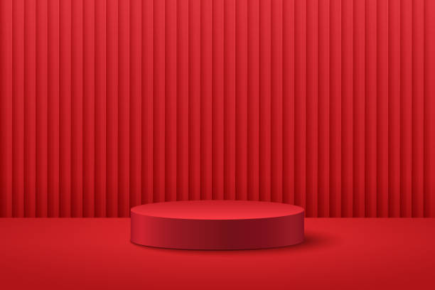 istock Abstract round display for product on website in modern. Background rendering with podium and minimal red curtain texture wall scene, 3d rendering geometric shape dark red color. Oriental concept. 1295918022