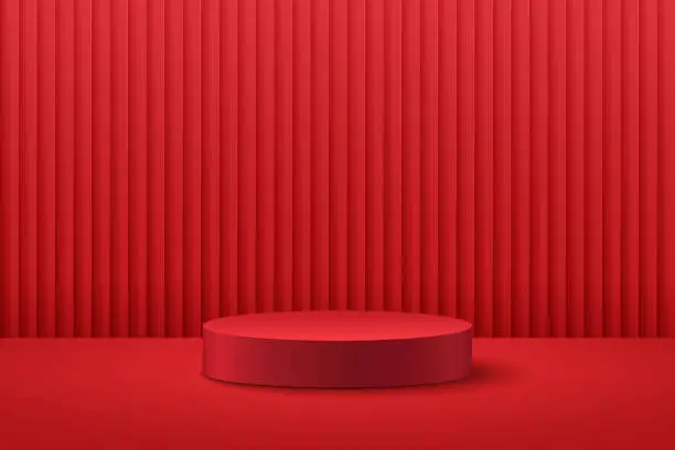 Vector illustration of Abstract round display for product on website in modern. Background rendering with podium and minimal red curtain texture wall scene, 3d rendering geometric shape dark red color. Oriental concept.