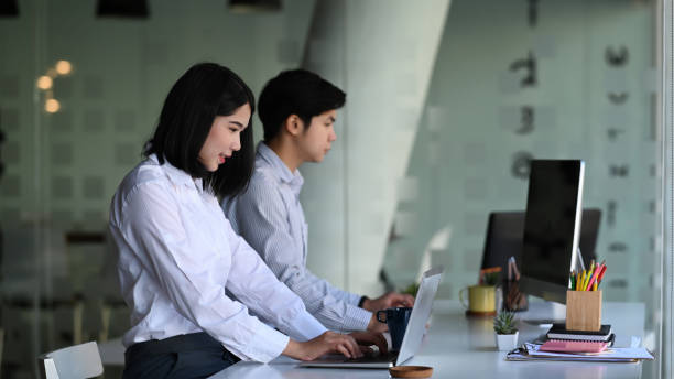 istock Side view of two office worker concentrate working on computer and sitting together in modern office. 1295919667