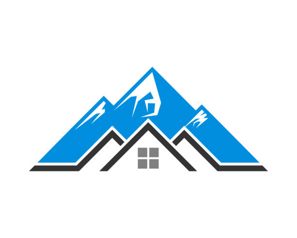 ilustrações, clipart, desenhos animados e ícones de montanha azul com logotipo imobiliário da casa - adventure business horizontal real estate