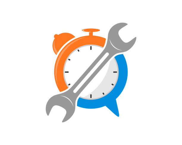 Wrench repair inside the clock logo Wrench repair inside the clock logo adjusting stock illustrations