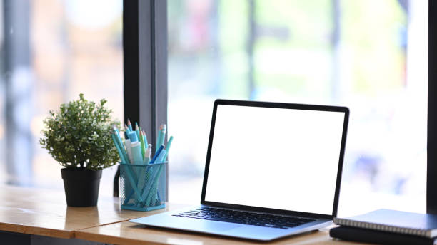istock Creative workspace with laptop computer, stationery, house plant and notebook on wooden table. 1295921331