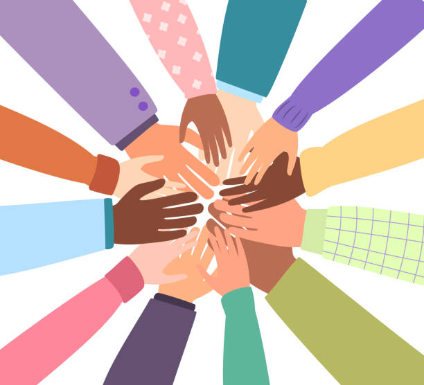 United community of different nationalities of the world United community of the world. Different nationalities together for teamwork, unity or diversity. Vector isolated hands, hearts. Flat illustration hands clasped stock illustrations