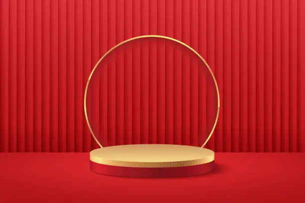 Vector illustration of Abstract round display for product on website in modern. Background rendering with podium and minimal red curtain texture wall scene, 3d rendering geometric shape red and gold color. Oriental concept.