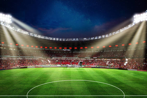 Lights at night and football stadium 3d rendering Green grass goal spot stock photo