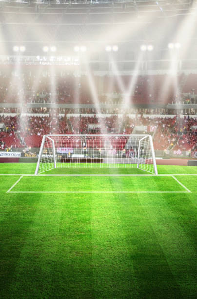Lights at night and football stadium 3d rendering Green grass goal spot stock photo