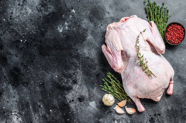 istock Raw free range duck with spices ready to cook. dark background. Top view. Copy space 1295925553