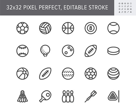 Sport balls line icons. Vector illustration with minimal icon - soccer, rugby, basketball, table tennis racquet, ice hockey puck, bowling, softball equipment. 32x32 Pixel Perfect. Editable Stroke.
