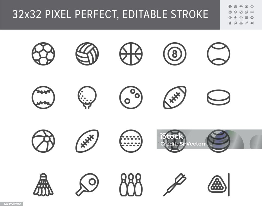 Sport balls line icons. Vector illustration with minimal icon - soccer, rugby, basketball, table tennis racquet, ice hockey puck, bowling, softball equipment. 32x32 Pixel Perfect. Editable Stroke Sport balls line icons. Vector illustration with minimal icon - soccer, rugby, basketball, table tennis racquet, ice hockey puck, bowling, softball equipment. 32x32 Pixel Perfect. Editable Stroke. Icon Symbol stock vector