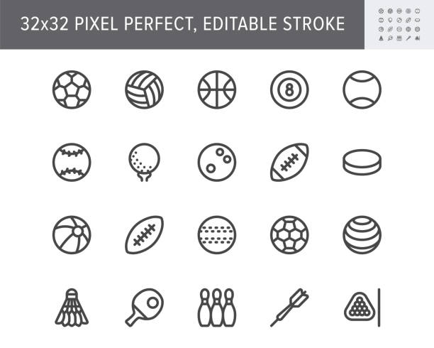 Sport balls line icons. Vector illustration with minimal icon - soccer, rugby, basketball, table tennis racquet, ice hockey puck, bowling, softball equipment. 32x32 Pixel Perfect. Editable Stroke Sport balls line icons. Vector illustration with minimal icon - soccer, rugby, basketball, table tennis racquet, ice hockey puck, bowling, softball equipment. 32x32 Pixel Perfect. Editable Stroke. competition stock illustrations
