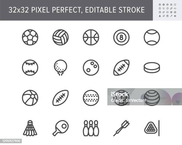 Sport Balls Line Icons Vector Illustration With Minimal Icon Soccer Rugby Basketball Table Tennis Racquet Ice Hockey Puck Bowling Softball Equipment 32x32 Pixel Perfect Editable Stroke Stock Illustration - Download Image Now