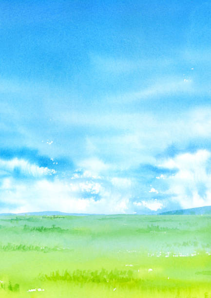 istock Watercolor illustration of sky and green field. 1295927961