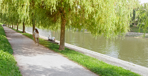 Rear view of couple riding bicycle on footpath by lake in public park.