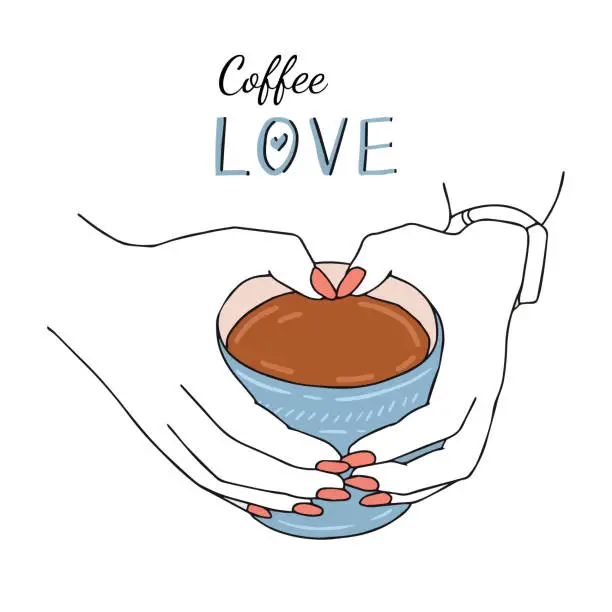 Vector illustration of Hands with a cup of coffee in hand drawn sketch style isolated on a white background. Coffee with love.